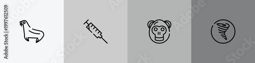 wildlife outline icon set featuring sea lion, syringe, orangutan, tornado icons.