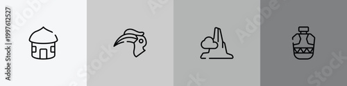 africa outline icon set featuring hut, hornbill, pico cao, canteen icons.