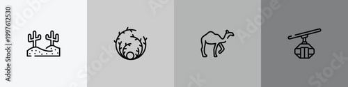 winter nature outline icon set featuring desert, tumbleweed, camel, cable car cabin icons.