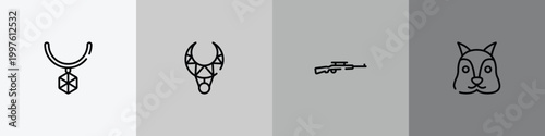 animals outline icon set featuring pendant, necklace, rifle, squirrel icons.