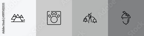 nature outline icon set featuring mountains, veterinarian, harebell, acorn icons.