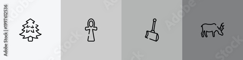 wildlife outline icon set featuring pine tree, ankh, shovel, moose icons.