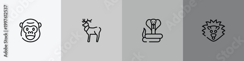 animals outline icon set featuring gorilla, reindeer, cobra, hedgehog icons.