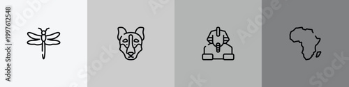 africa outline icon set featuring dragonfly, siberian husky, sphinx, africa icons.