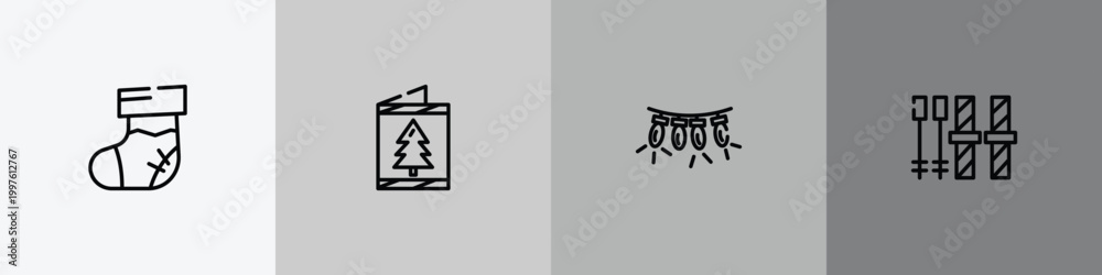 Obraz premium winter outline icon set featuring christmas sock, christmas card, lights, ski equiptment icons.