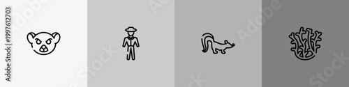 wildlife outline icon set featuring lemur, trainer, skunk, coral icons.
