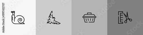 pet grooming outline icon set featuring snail, eagle, pet cage, groomer icons.