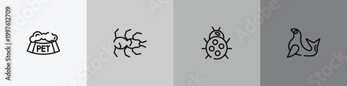 nature outline icon set featuring pet bowl, tarantula, ladybug, seal icons.