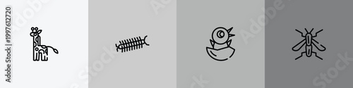 nature outline icon set featuring giraffe, centipede, chick, wasp icons.