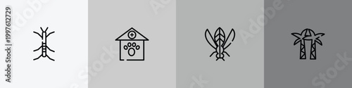 nature outline icon set featuring stick insect, veterinary, winged insect, palm tree icons.
