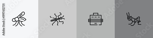 insects outline icon set featuring mosquito, mantis, pet carrier, grasshopper icons.