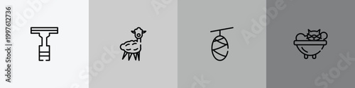 pet grooming outline icon set featuring null, alpaca, cocoon, cat bath icons.