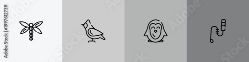 pet grooming outline icon set featuring dragon fly, cardinal, penguin, teasing stick icons.
