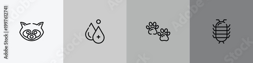 insects outline icon set featuring raccoon, hydrotherapy, pawprint, cochineal icons.