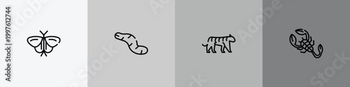 insects outline icon set featuring moth, worm, tiger, scorpion icons.