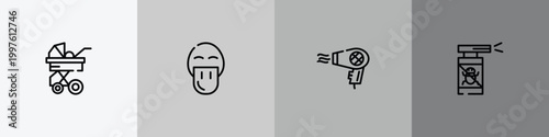 pet grooming outline icon set featuring stroller, platypus, hair dryer, anti flea icons.