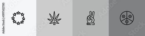 world peace outline icon set featuring crown of flowers, cannabis, victory, pacifism icons.