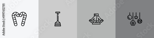 winter outline icon set featuring candy cane, winter shovel, fur coat, bauble icons.