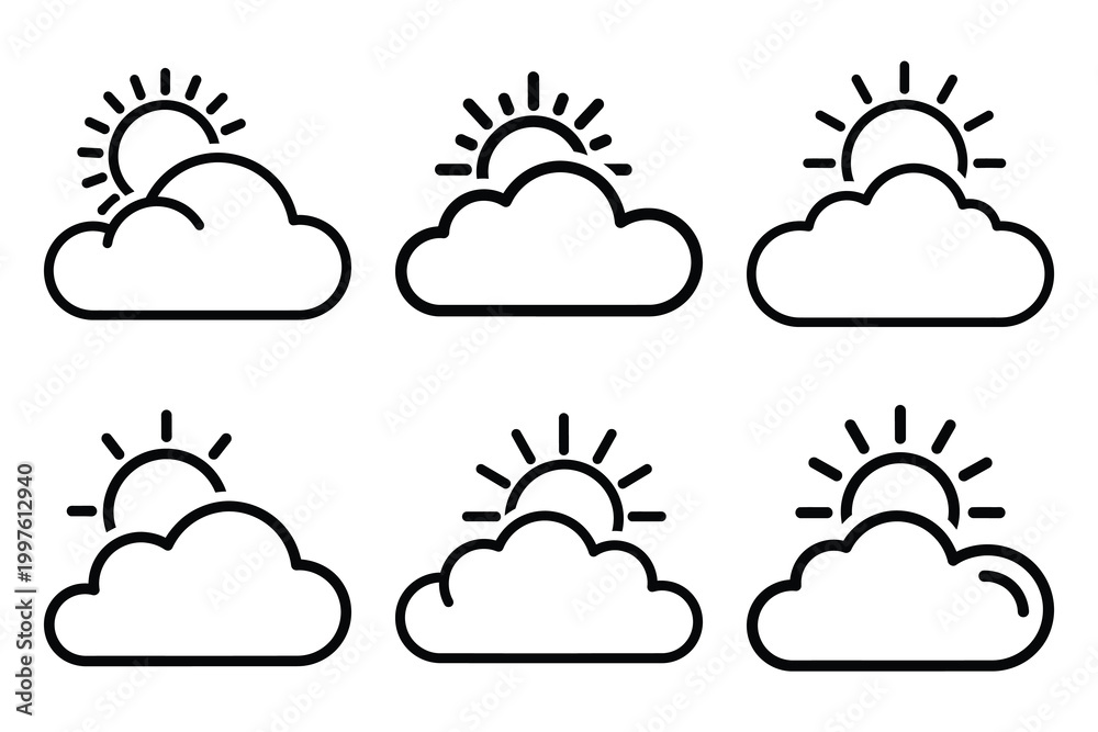 Fototapeta premium Hand drawn sun behind cloud weather outline icon set. Minimal Line art weather icons.