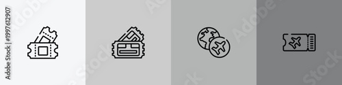 in the frontier outline icon set featuring ticket card, pair of cinema tickets, travelling globe, flight ticket icons.
