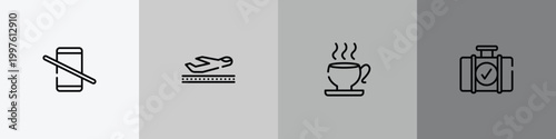 in the airport outline icon set featuring no mobile phones allowed, takeoff the plane, teacup, luggage checking icons.