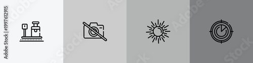 airport outline icon set featuring travelling baggage weight, no photos, spring sun, airplanes on radar icons.