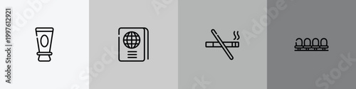 airport and travel outline icon set featuring skin sunscreen, international passport, smoking prohibition, waiting room icons.