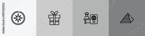 airport and travel outline icon set featuring compass with cardinal points, birthday gift, passport control, null icons.