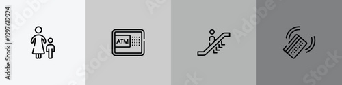 in the frontier outline icon set featuring mother and son, automated teller hine, or going down, check in with card icons.