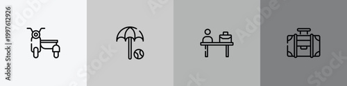 vacation outline icon set featuring sidecar, beach umbrella and beach ball, check in desk, travelling handle bag icons.