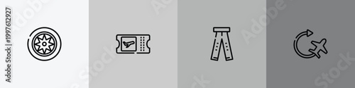 airport outline icon set featuring car parts, boarding card, ripped jeans, airplane icons.