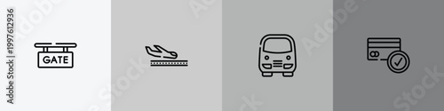 airport and travel outline icon set featuring gate, plane landing, bus service, credit cards accepted icons.