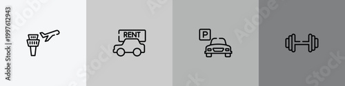 holidays outline icon set featuring airplane and airport tower, rent a car, parking hotel, gym dumbbell icons.