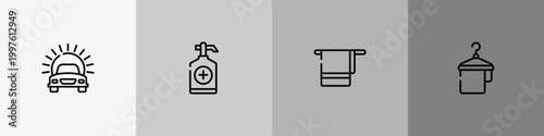 holidays outline icon set featuring car in front of the sun, sanitizer, bath towel, hanger with a towel icons.