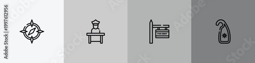 holidays outline icon set featuring round compass, airport worker, rent, hang icons.