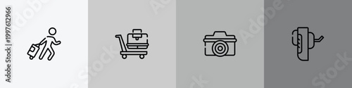 travel accessories outline icon set featuring traveler at the airport, null, digital camera, breathalyzer icons.
