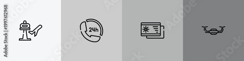 aviation outline icon set featuring airport, 24 hours phone attention service, beach postcard, unmanned icons.