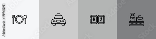 airport and travel outline icon set featuring plate with fork and knife cross, taxi transportation, toilets, null icons.