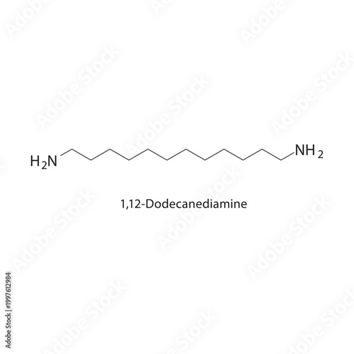 1,12-Dodecanediamine skeletal structure. diamine compound schematic illustration. Simple diagram, chemical formula.