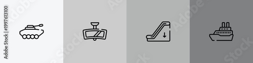 transportation outline icon set featuring armored vehicle, rear-view mirror, or down, cruise ship icons.