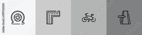 vehicles transport outline icon set featuring flat tire, broken line, electric bike, road trip icons.