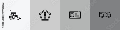 vehicles and transports outline icon set featuring wheel chair, precaution, driving pass, touristic icons.