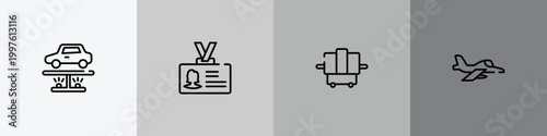 airplanes outline icon set featuring undercarriage, identity card, x-ray, army airplane icons.