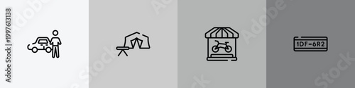 motor show outline icon set featuring authorized dealer, campsite, bike shop, license plate icons.