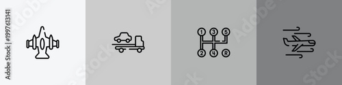 airport outline icon set featuring army airplane bottom view, tow, manual transmission, turbulence icons.