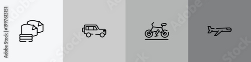 airplanes outline icon set featuring microfiber, 4x4, road bike, airplane icons.