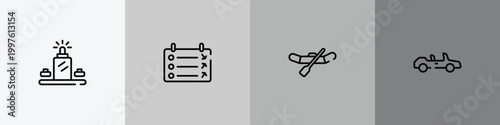 transportation outline icon set featuring luggage scan, departure, watercraft, convertible icons.