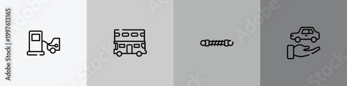 road trip outline icon set featuring refilling, double decker, damper, rental car icons.