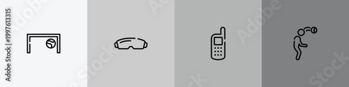 soccer outline icon set featuring football goal, goggle, variometer, head hitting icons.