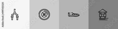 fisherman outline icon set featuring bicycle fork, weight plates, soccer boots, stilt house icons.